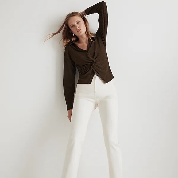 NWT Madewell Twist Front Long Sleeve Shimmery Top Womens S Green Button Mature - Picture 2 of 13